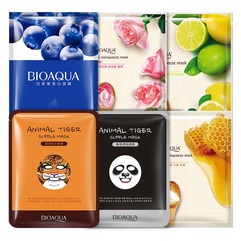 BIOAQUA 6PC Whitening Oil Control Moisturizing Facial Wrapped Mask Animal Face Mask Blueberry Rose Lemon Honey Extract Face Care