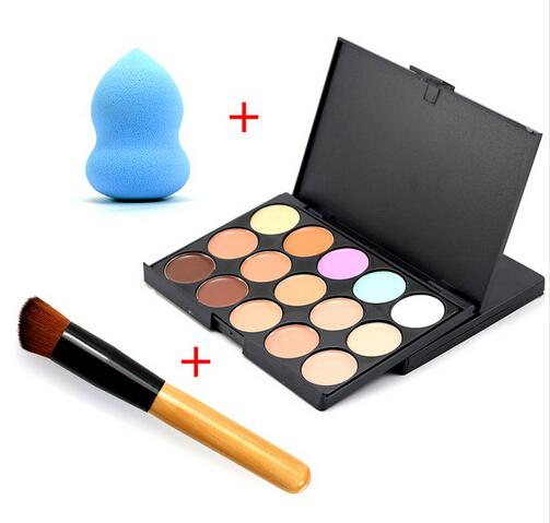 Concealer 15 Color Makeup Palette +Wooden Handle Brush +Puff Face Foundation Bronzer 15 Color Concealer Contour Palette