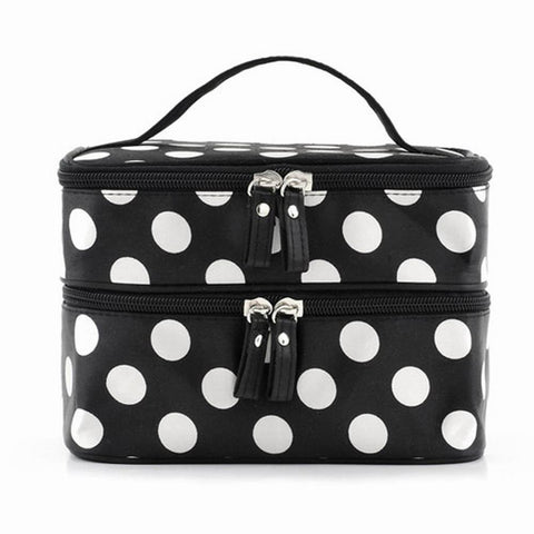 Black Large Capacity Cosmetic Bag Woman Dots Portable Storage Makeup Bags Canvas Beauty Organiser Handbag Big Travel Bag